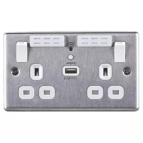 LAP 13A 2-Gang SP Switched Wi-Fi Extender + 2.1A 1-Outlet Type A USB Charger Brushed Steel with White Inserts 4 LAP 13A 2-Gang SP Switched Wi-Fi Extender + 2.1A 1-Outlet Type A USB Charger Brushed Steel with White Inserts - Image 2