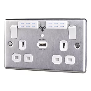 LAP 13A 2-Gang SP Switched Wi-Fi Extender + 2.1A 1-Outlet Type A USB Charger Brushed Steel with White Inserts 3 LAP 13A 2-Gang SP Switched Wi-Fi Extender + 2.1A 1-Outlet Type A USB Charger Brushed Steel with White Inserts