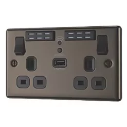 LAP 13A 2-Gang SP Switched Wi-Fi Extender Socket + 2.1A 1-Outlet Type A USB Charger Black Nickel with Black Inserts