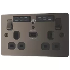 LAP 13A 2-Gang SP Switched Wi-Fi Extender Socket + 2.1A 1-Outlet Type A USB Charger Black Nickel with Black Inserts
