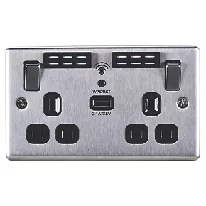 LAP 13A 2-Gang SP Switched Wi-Fi Extender + 2.1A 1-Outlet Type A USB Charger Brushed Steel with Black Inserts 4 LAP 13A 2-Gang SP Switched Wi-Fi Extender + 2.1A 1-Outlet Type A USB Charger Brushed Steel with Black Inserts - Image 2