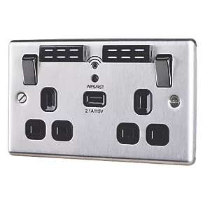 LAP 13A 2-Gang SP Switched Wi-Fi Extender + 2.1A 1-Outlet Type A USB Charger Brushed Steel with Black Inserts 3 LAP 13A 2-Gang SP Switched Wi-Fi Extender + 2.1A 1-Outlet Type A USB Charger Brushed Steel with Black Inserts