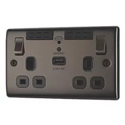 British General Nexus Metal 13A 2-Gang SP Switched Wi-Fi Extender Socket + 2.1A 1-Outlet Type A USB Charger Black Nickel with Black Inserts