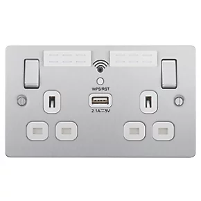 LAP 13A 2-Gang SP Switched Wi-Fi Extender Socket + 2.1A 1-Outlet Type A USB Charger Brushed Stainless Steel with White Inserts 4 LAP 13A 2-Gang SP Switched Wi-Fi Extender Socket + 2.1A 1-Outlet Type A USB Charger Brushed Stainless Steel with White Inserts - Image 2