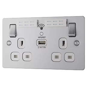 LAP 13A 2-Gang SP Switched Wi-Fi Extender Socket + 2.1A 1-Outlet Type A USB Charger Brushed Stainless Steel with White Inserts 3 LAP 13A 2-Gang SP Switched Wi-Fi Extender Socket + 2.1A 1-Outlet Type A USB Charger Brushed Stainless Steel with White Inserts