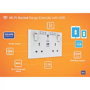 British General 900 Series 13A 2-Gang SP Switched Wi-Fi Extender Socket + 2.1A 1-Outlet Type A USB Charger White 8 British General 900 Series 13A 2-Gang SP Switched Wi-Fi Extender Socket + 2.1A 1-Outlet Type A USB Charger White - Image 6