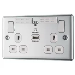 LAP 13A 2-Gang SP Switched Wi-Fi Extender Socket + 2.1A 1-Outlet Type A USB Charger Polished Chrome with White Inserts